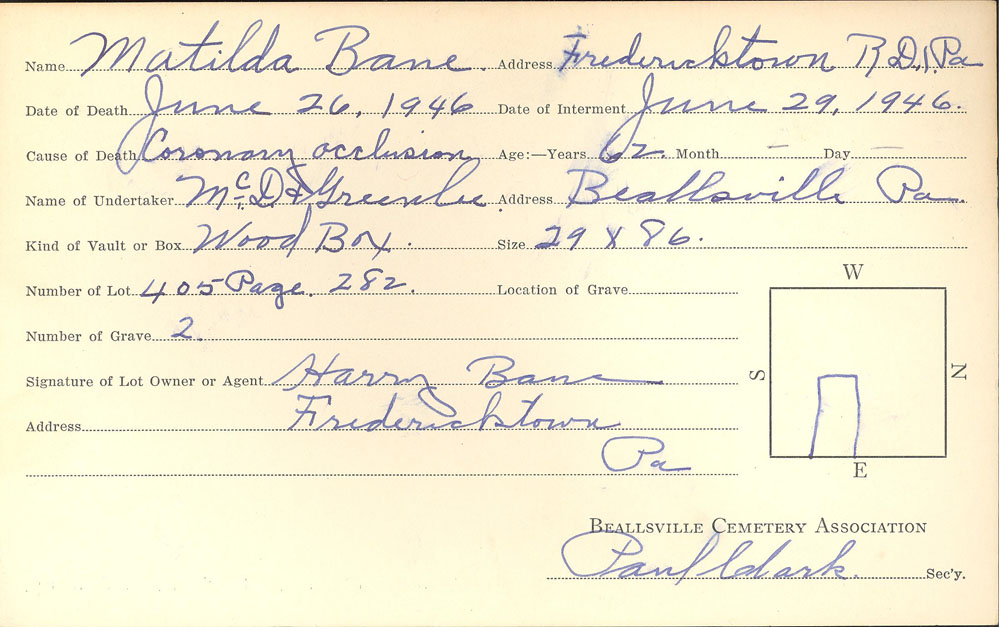 Malinda Bane burial card